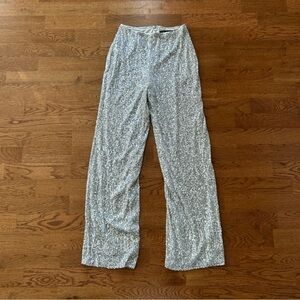 Lulus Women Sequin Pants XS Silver Beige lined Wide Straight Leg Sparkle High